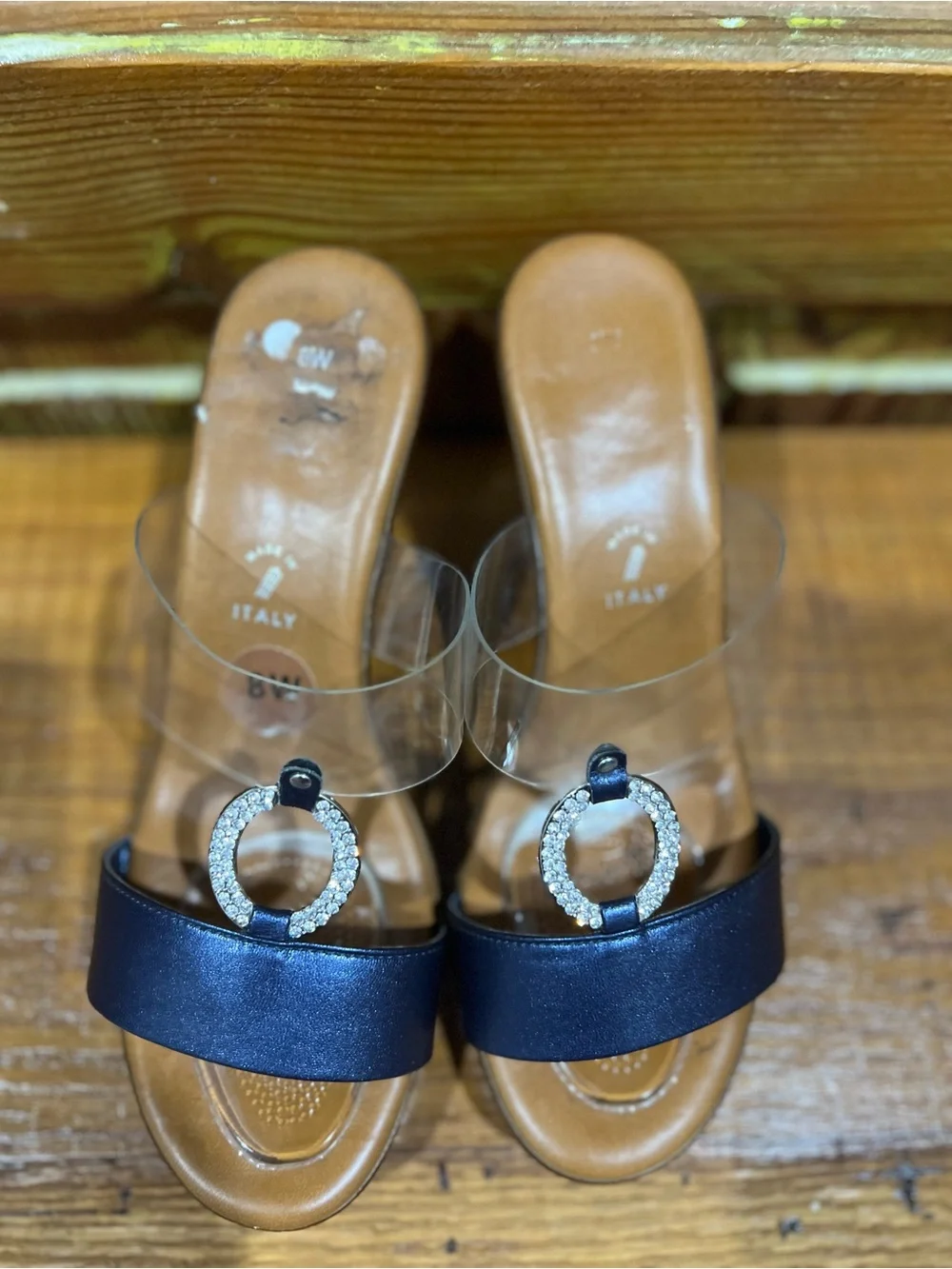 Navy & Clear Strap Wedges with Rhinestone Accent